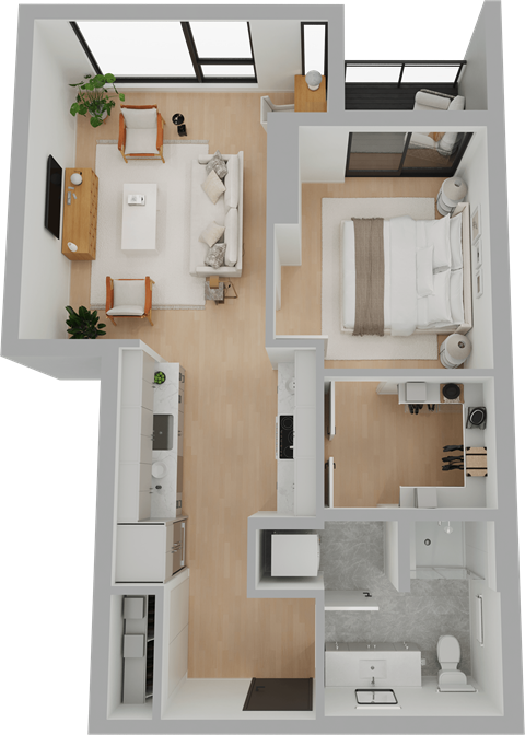 Floor plan for 1 bed, 1 bath, 708 sqft
